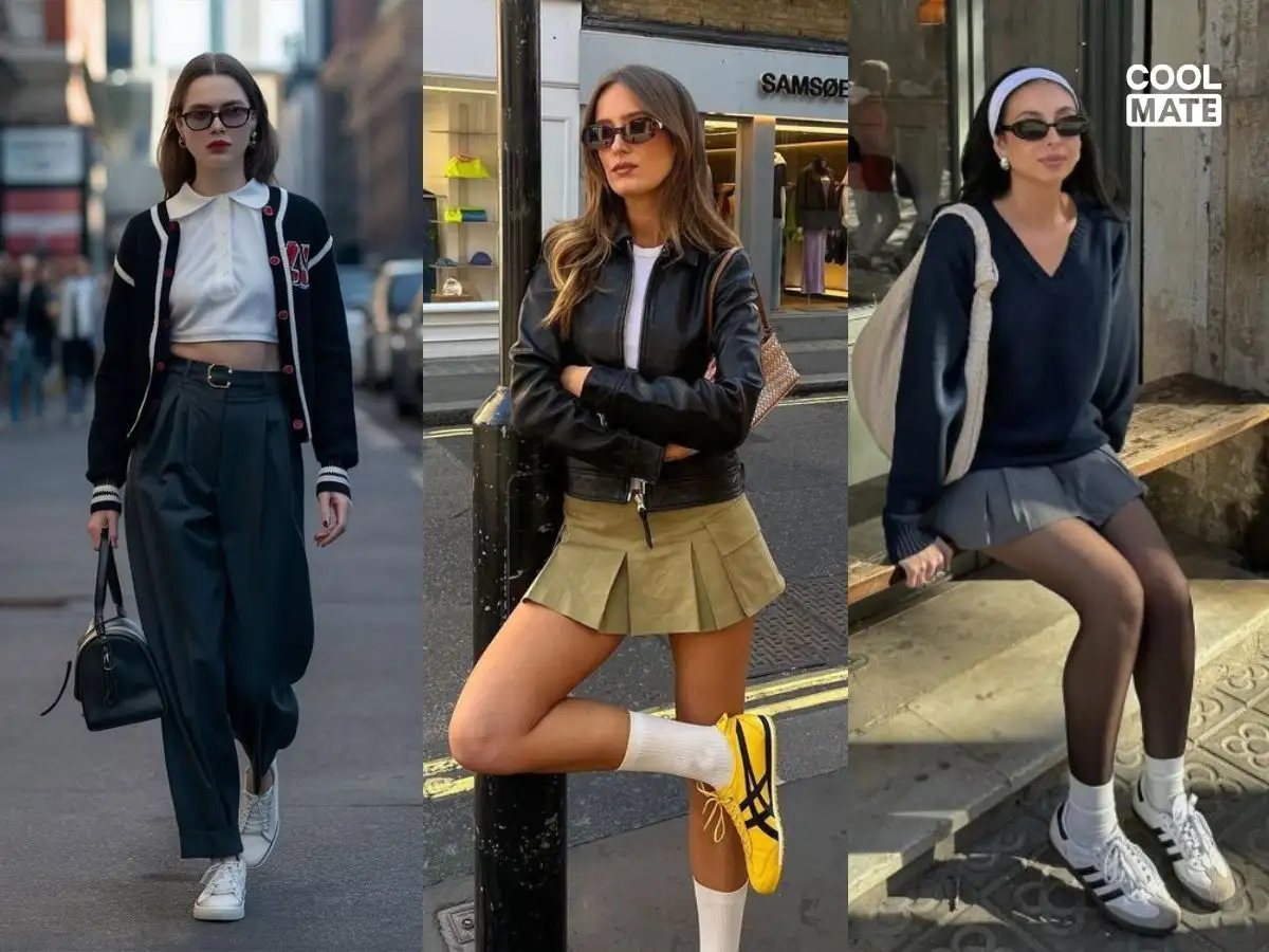 Phối giày thể thao nữ với quần áo phong cách preppy