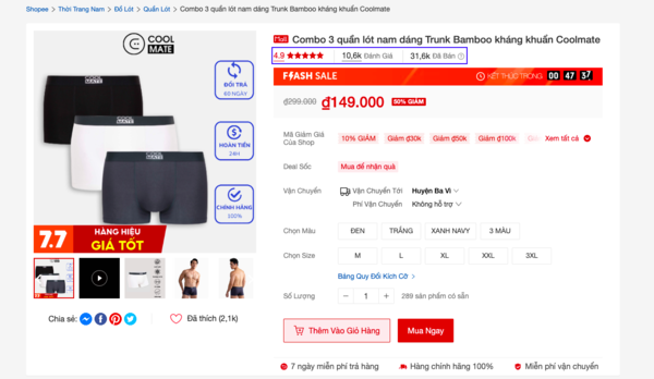 Sản phẩm quần lót nam của Coolmate đạt được hơn 30 nghìn lượt bán