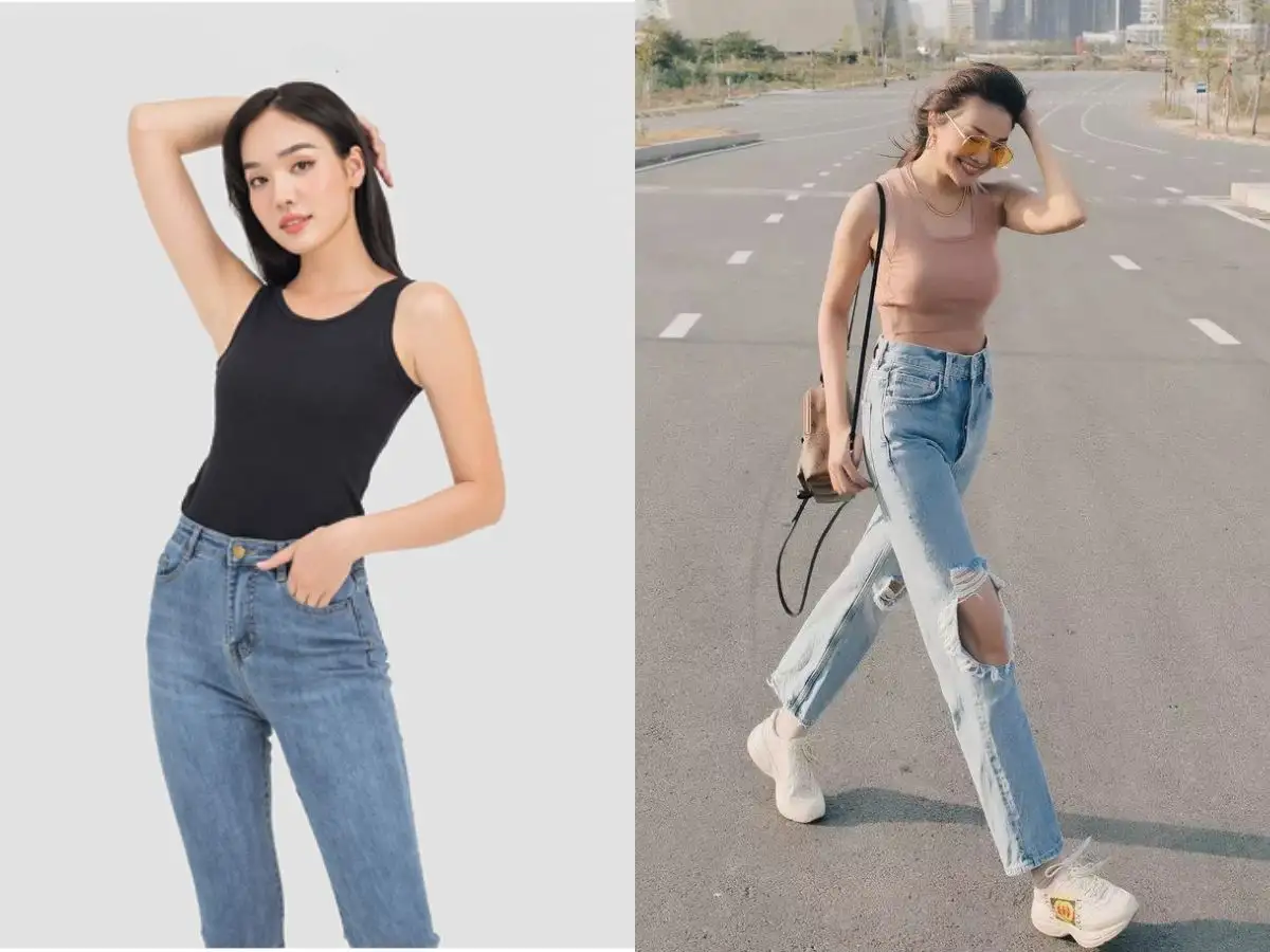 Áo ba lỗ ôm sát phối cùng quần jeans trông năng động và hiện đại