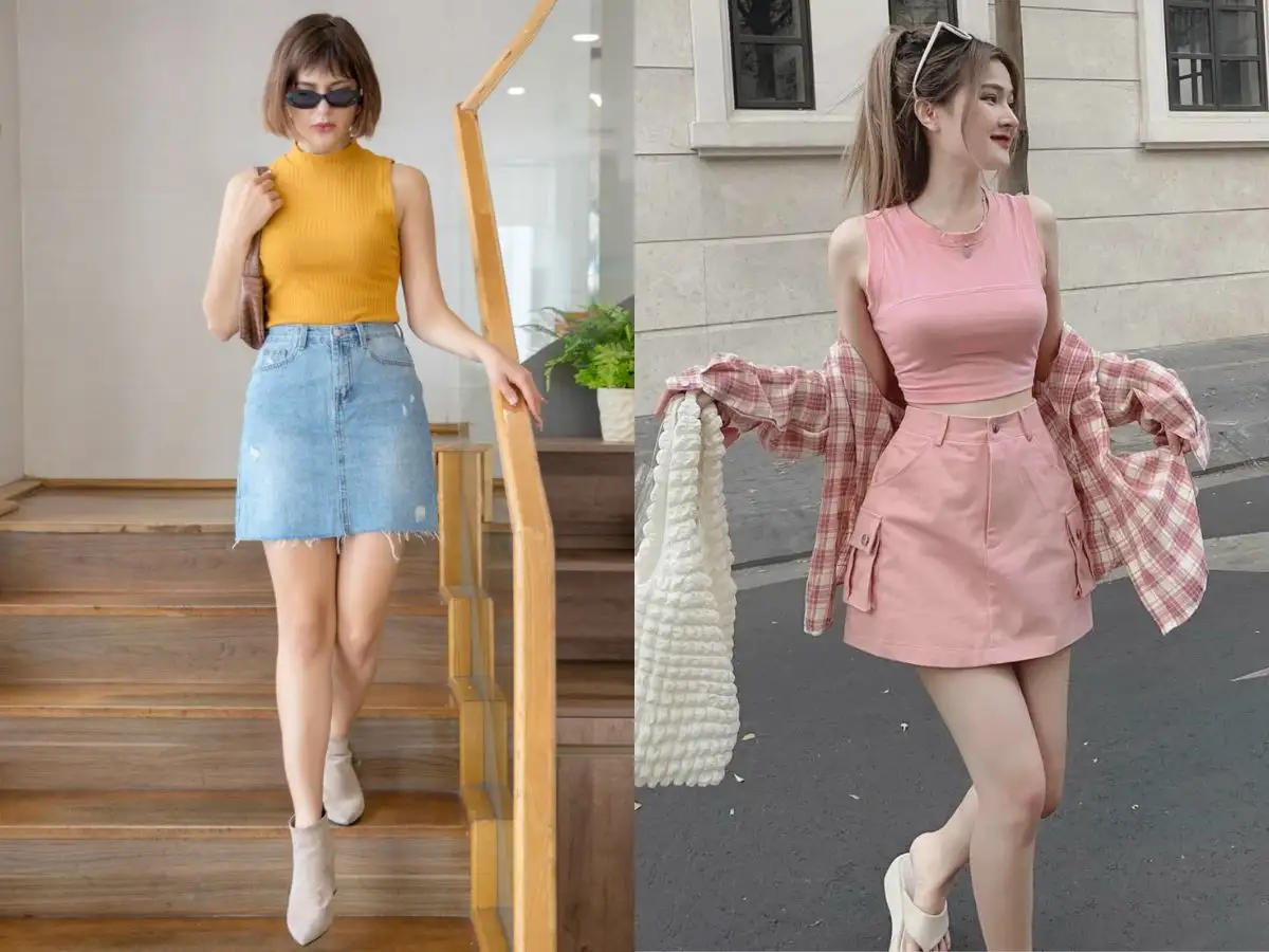Set áo ba lỗ phối với chân váy mềm mại, thanh lịch
