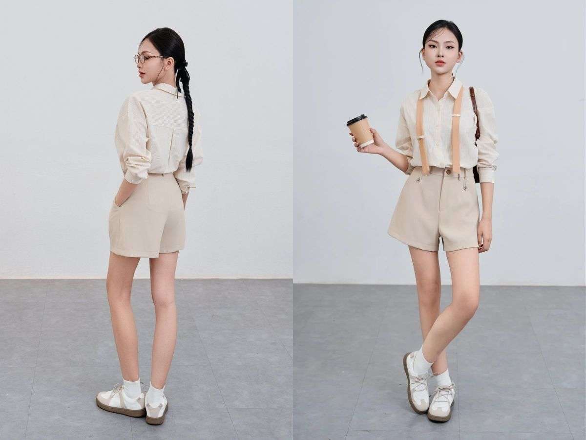 Với quần short lửng chữ A, áo sơ mi hoặc áo blouse cắm thùng là lựa chọn tuyệt vời cho những buổi gặp gỡ quan trọng