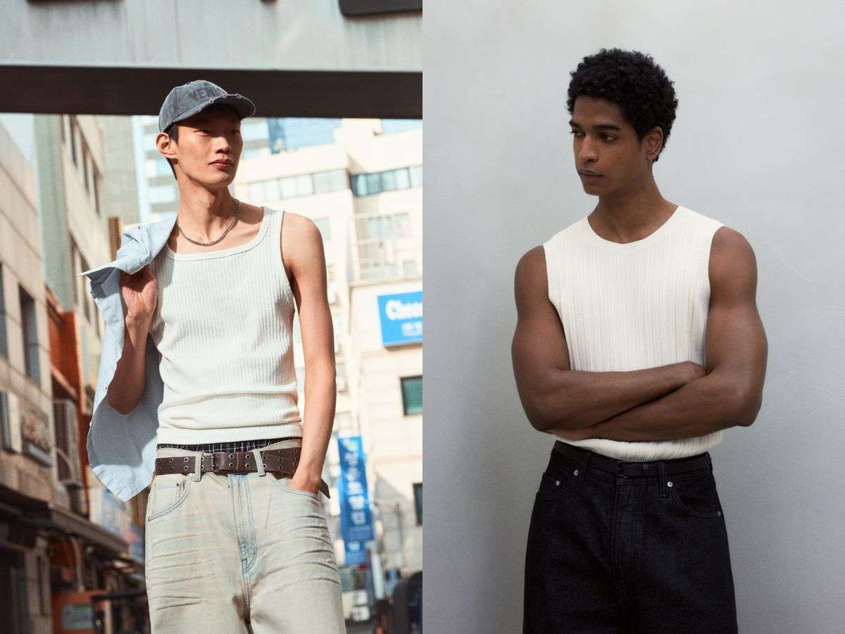 Sự kết hợp giữa áo ba lỗ và quần jeans tạo ra một vẻ ngoài nam tính, có chút bụi bặm