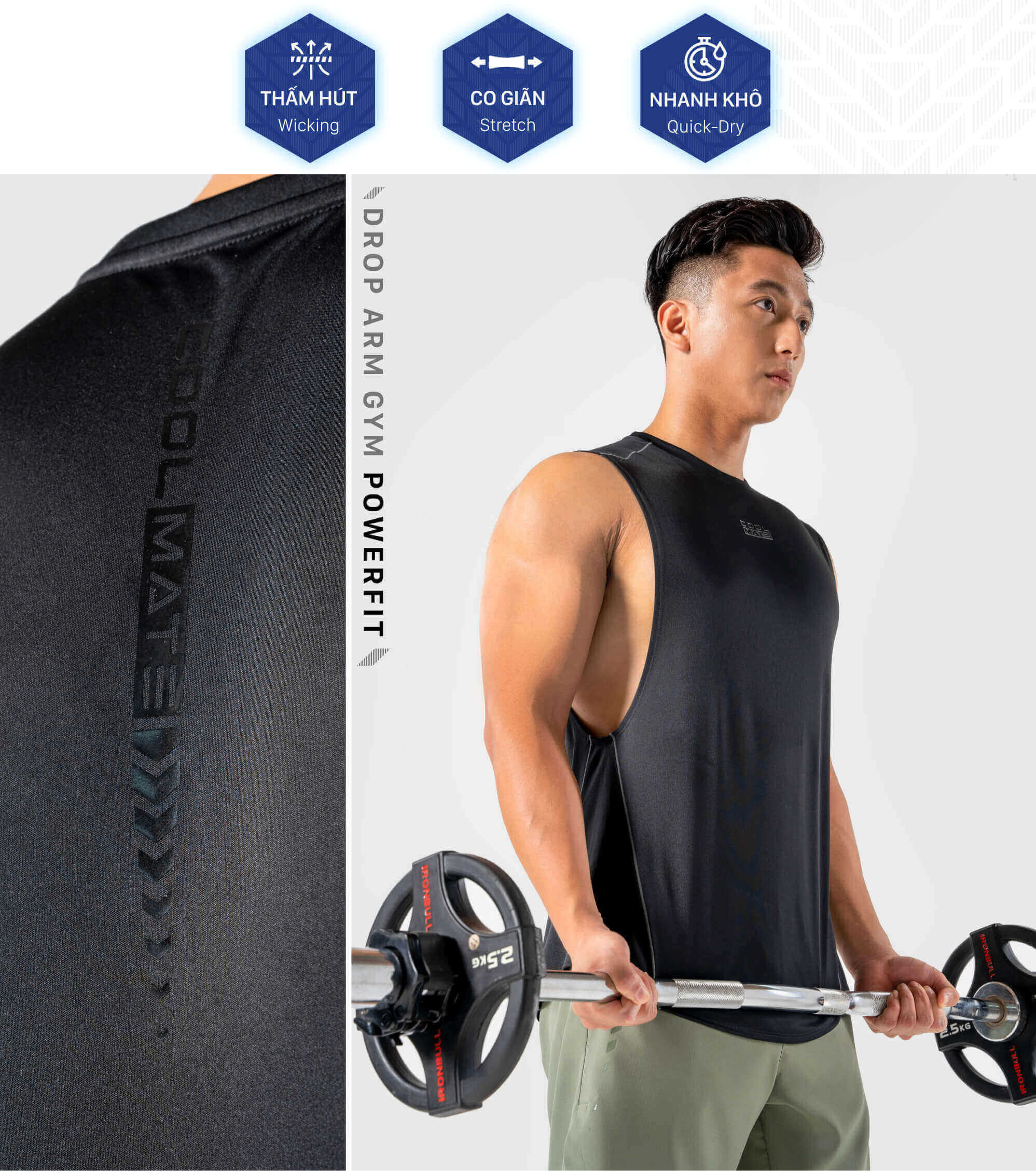 Áo Drop Arm Gym Powerfit với các tính năng vượt trội: Thấm hút, co giãn, nhanh khô