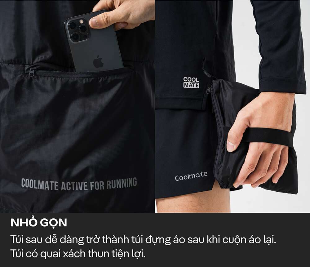 Áo khoác chạy bộ Coolmate dễ dàng gấp gọn vào túi sau