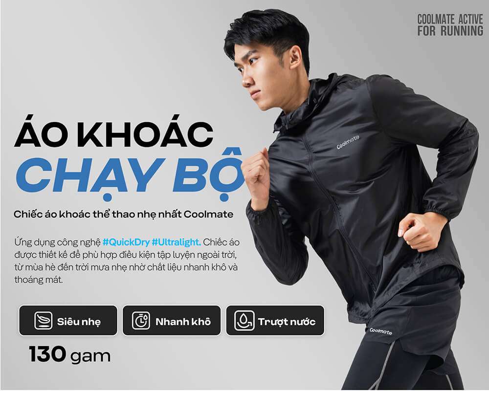 Áo khoác chạy bộ siêu nhẹ Coolmate Fast and Free màu đen