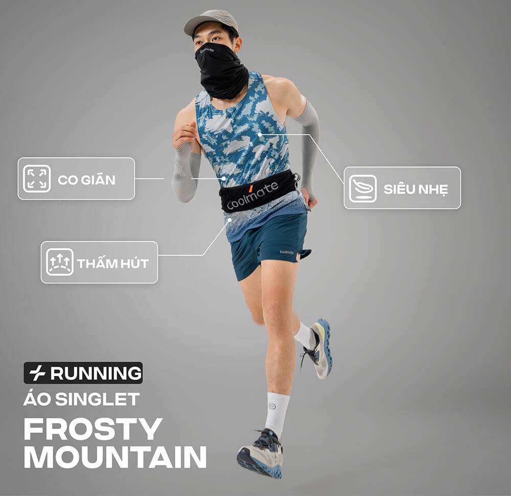 Các tính năng nổi bật của Áo Singlet Chạy Bộ Graphic Frosty Mountain: co giãn, siêu nhẹ, thấm hút