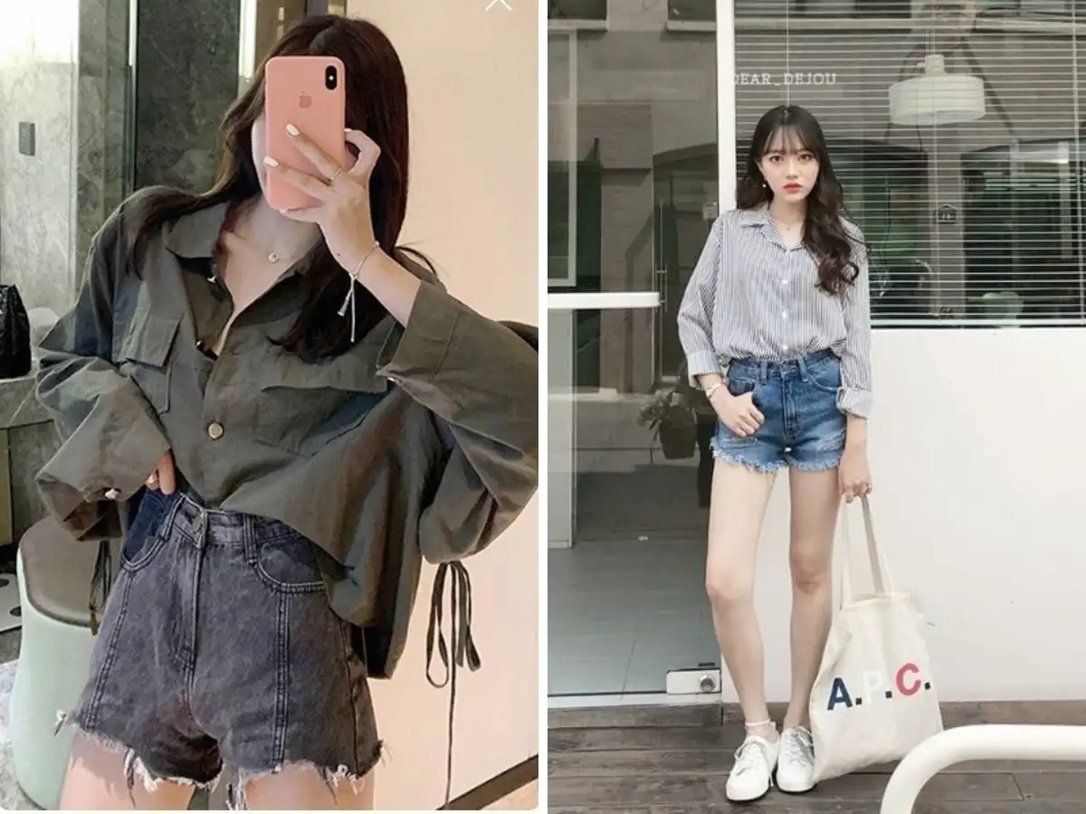 Áo sơ mi oversized và quần short jeans rách trẻ trung, phóng khoáng 