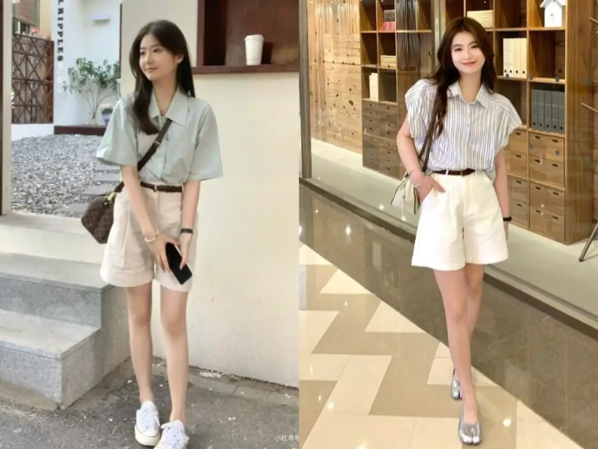 Áo sơ mi pastel và quần short kaki thanh lịch 