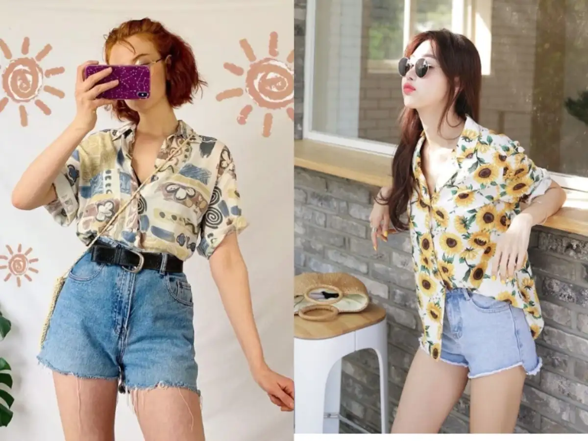 Áo sơ mi họa tiết và quần short trơn màu tạo vẻ lãng mạn