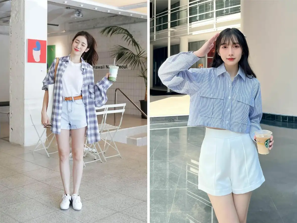 Áo sơ mi kẻ sọc và quần short kaki năng động 
