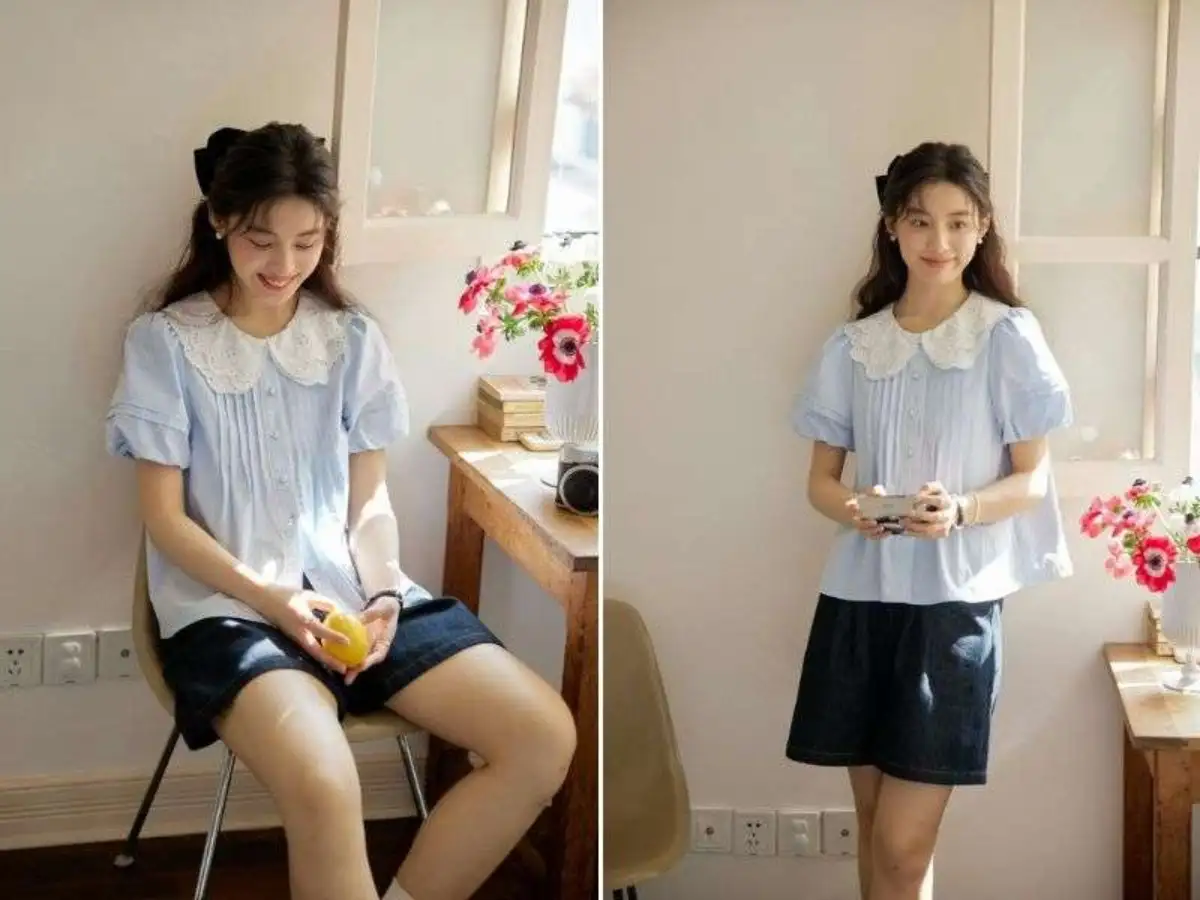 Áo sơ mi kẻ sọc và quần short kaki năng động 