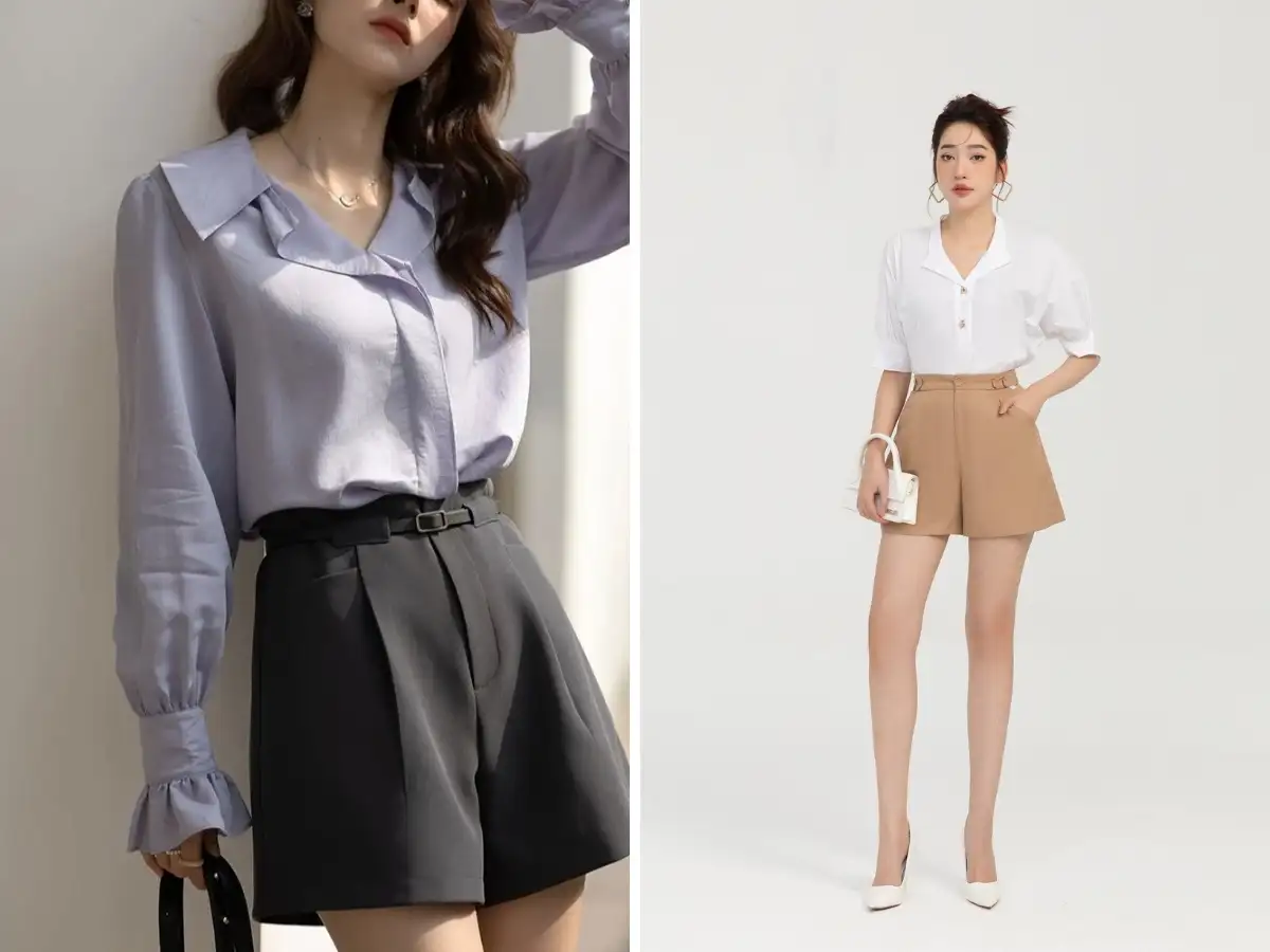 Áo sơ mi tay phồng và quần short vải tạo nên vẻ tiểu thư, sang chảnh