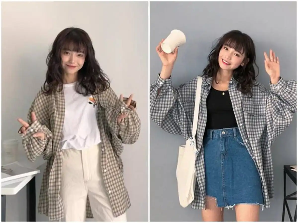 Áo sơ mi kẻ caro và quần short jeans đơn giản nhưng trẻ trung