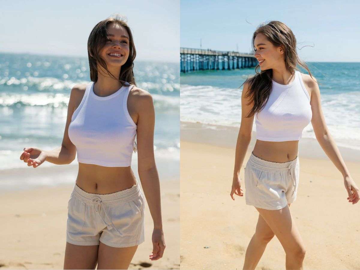 Set đồ năng động với bra croptop và quần short giúp bạn nổi bật ở mọi bãi biển