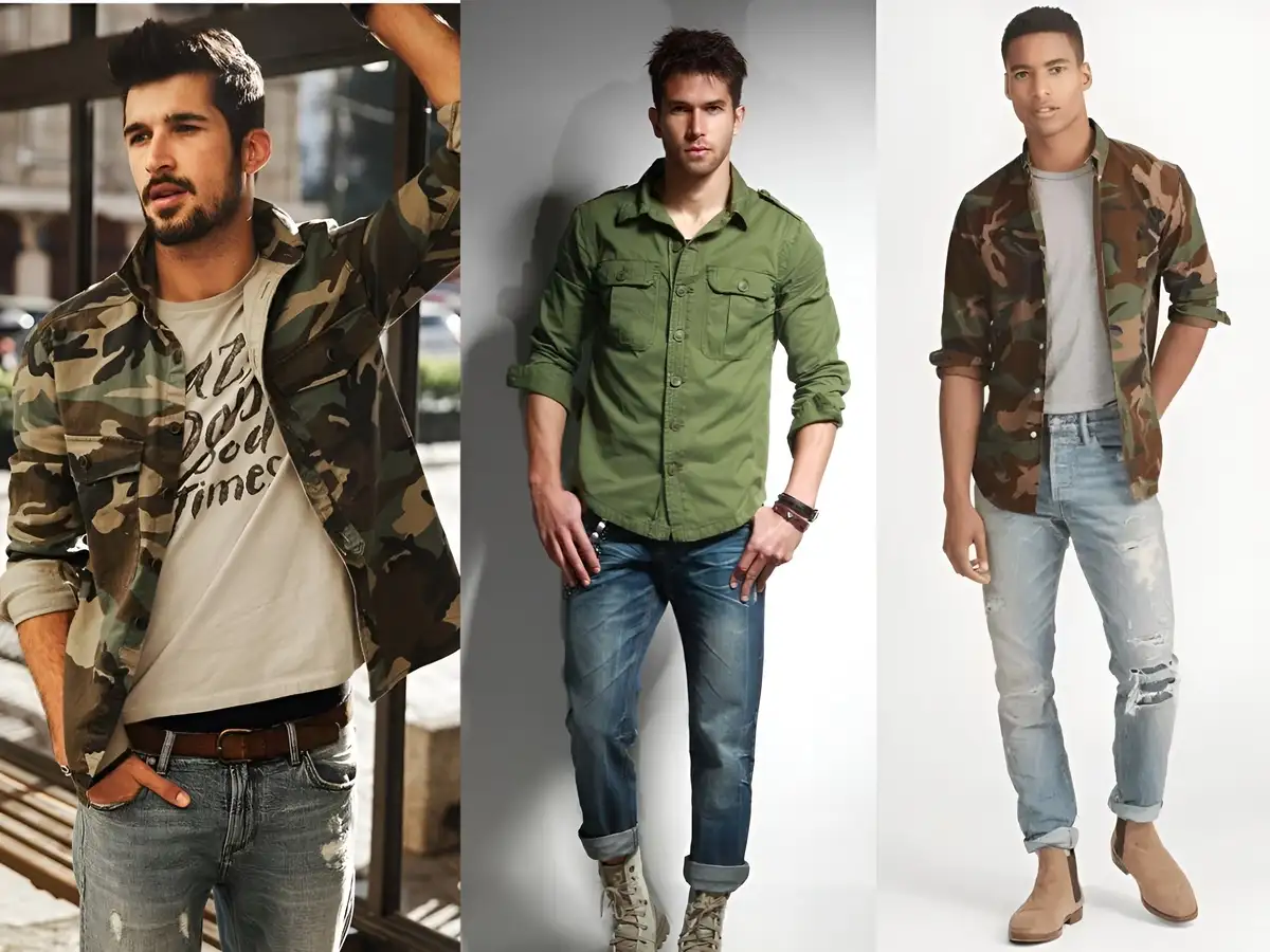 Phối phối áo sơ mi quân đội với quần jeans nam tính