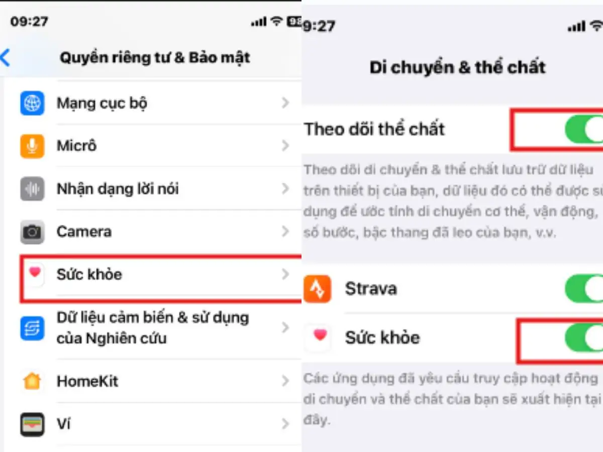 Hướng dẫn nhấn vào Di chuyển & Thể chất  và bật Theo dõi thể chất
