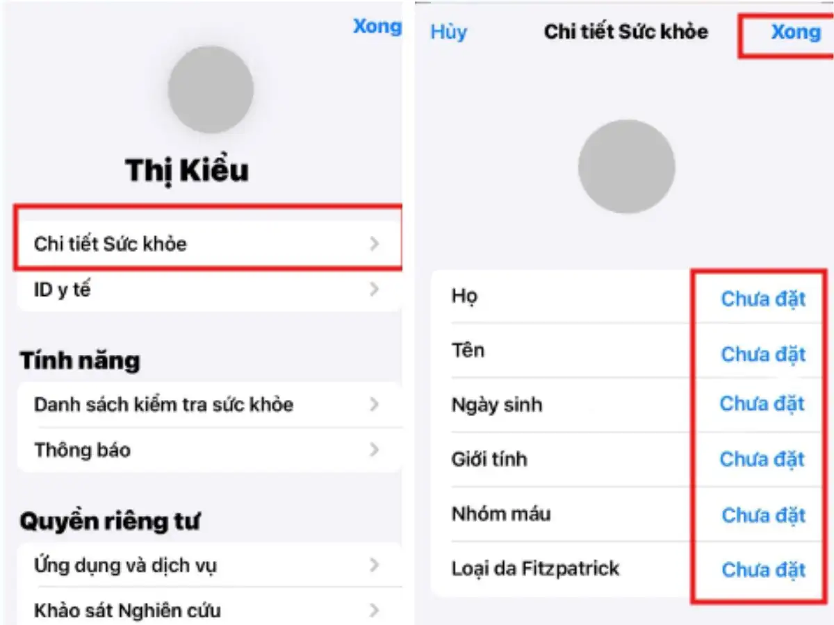 Hướng dẫn Chọn Hồ sơ sức khỏe, Nhập hoặc kiểm tra, cập nhật và  Nhấn Nhấn Xong