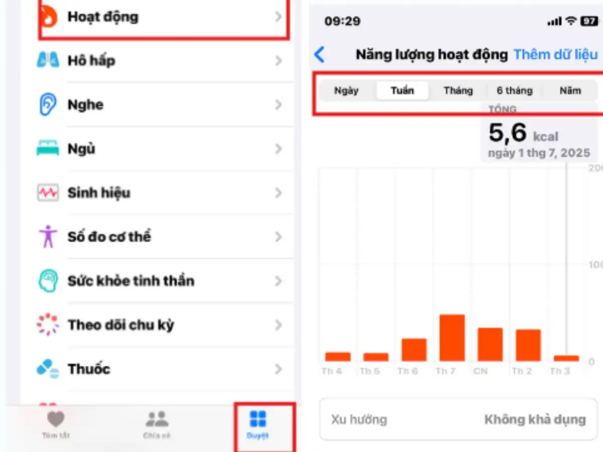 Hướng dẫn chuyển sang tab Duyệt, chọn Hoạt động và chọn Bước