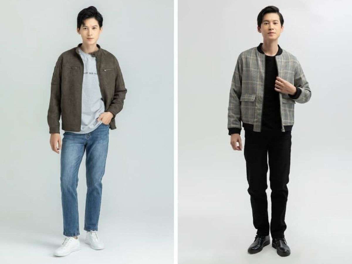 Áo khoác bomber+ quần jeans nam lưng thun