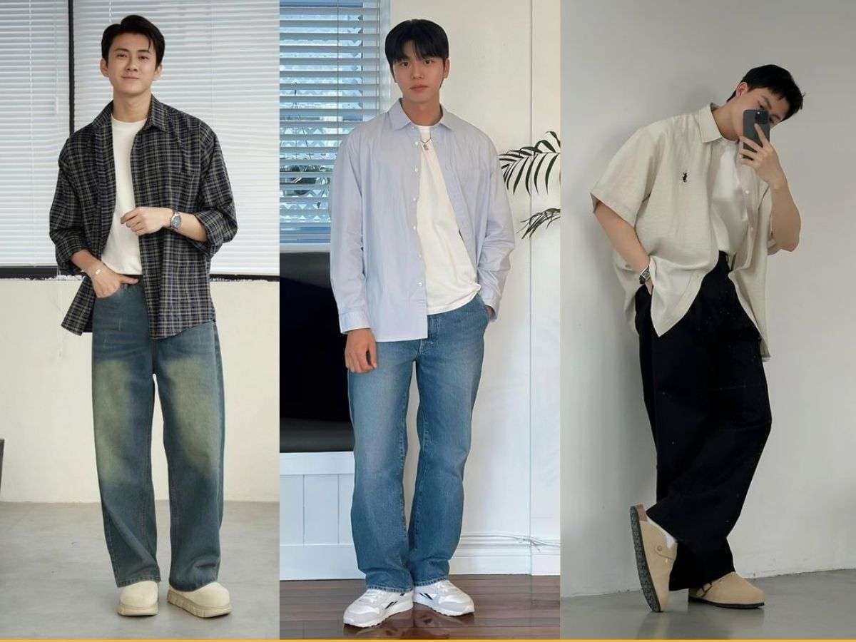 Áo sơ mi khoác ngoài + quần jeans nam lưng thun