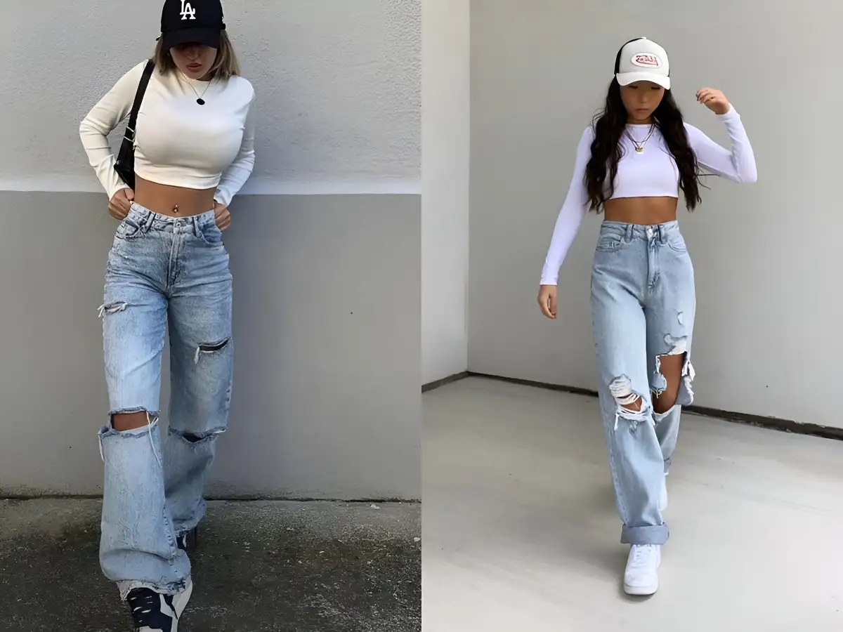 Áo giữ nhiệt cùng quần jeans rách trẻ trung