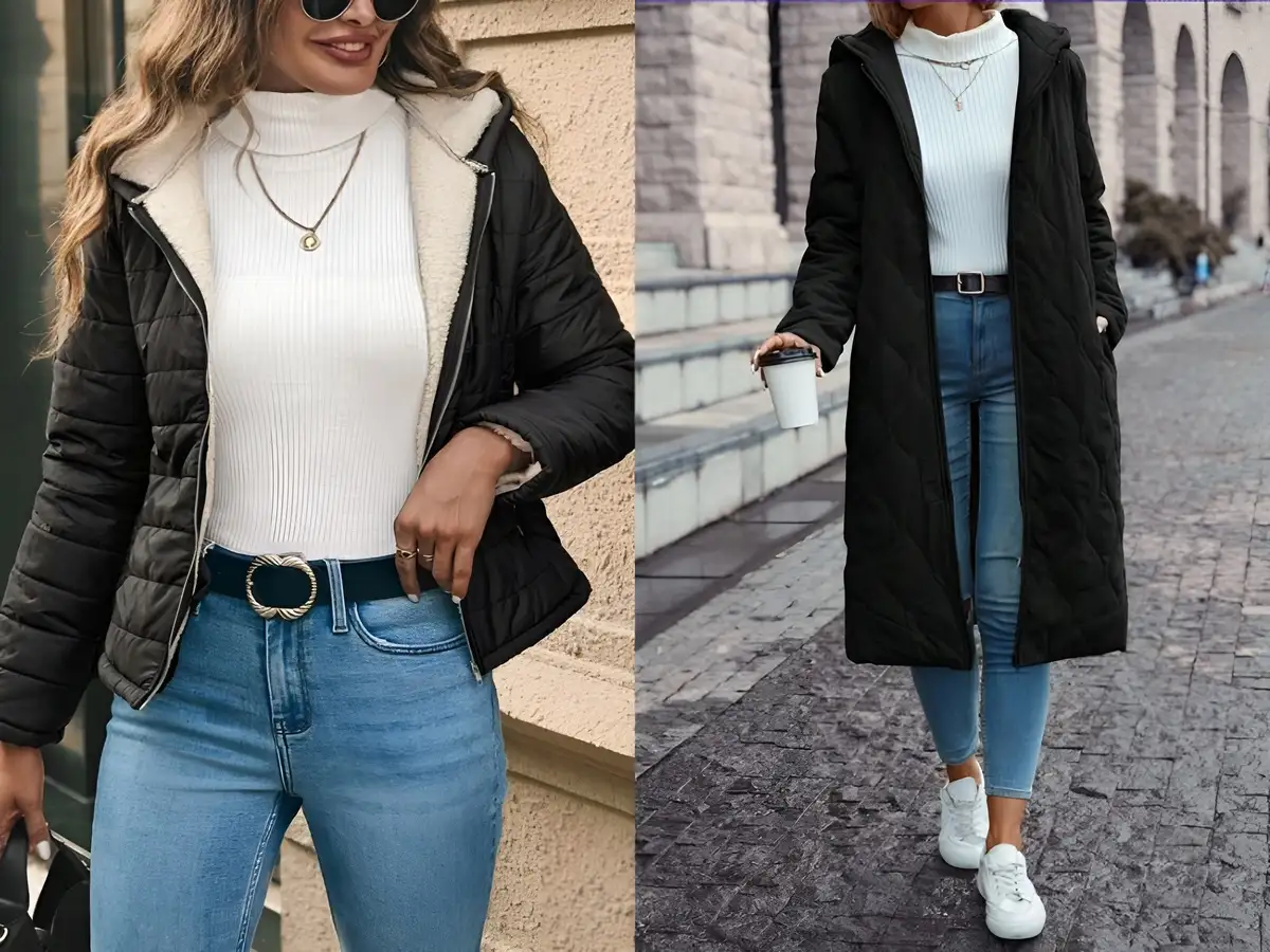 Áo giữ nhiệt cổ lọ phối cùng quần jeans xanh đậm tinh tế