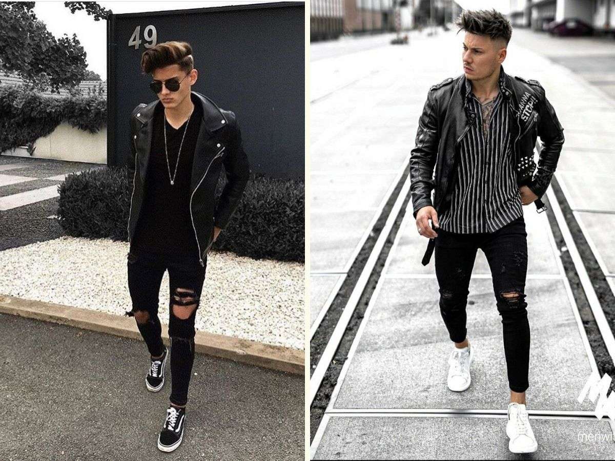 Jean rách kết hợp cùng áo khoác da dành cho anh em thích phong cách nổi loạn