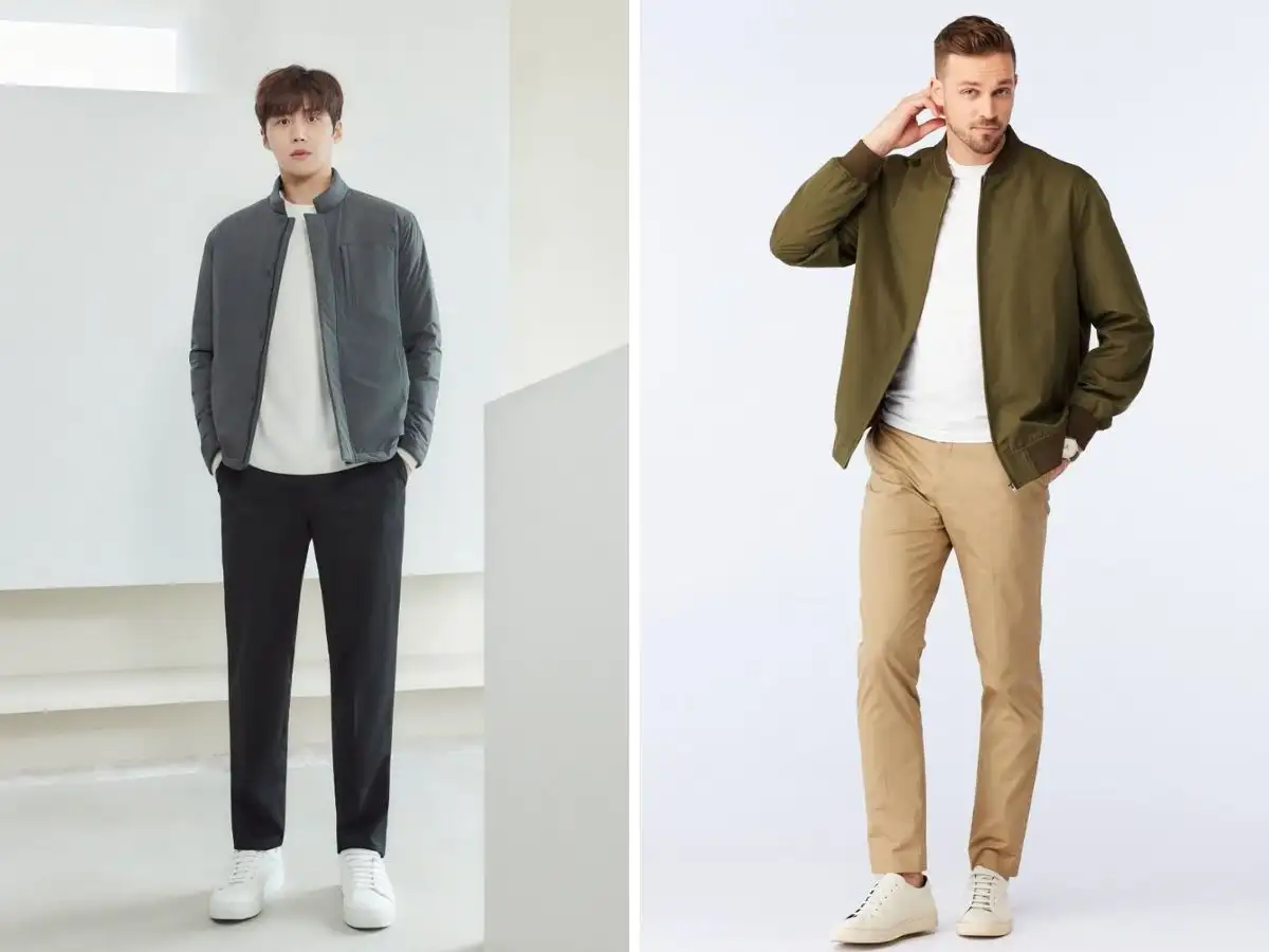 Áo bomber và quần kaki ống suông là bộ đôi lý tưởng cho phong cách trẻ trung và năng động