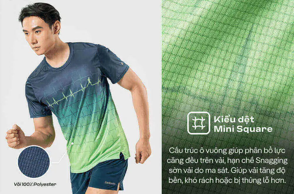 Cận cảnh chất liệu 100% Polyester và kiểu dệt Mini Square của áo thun