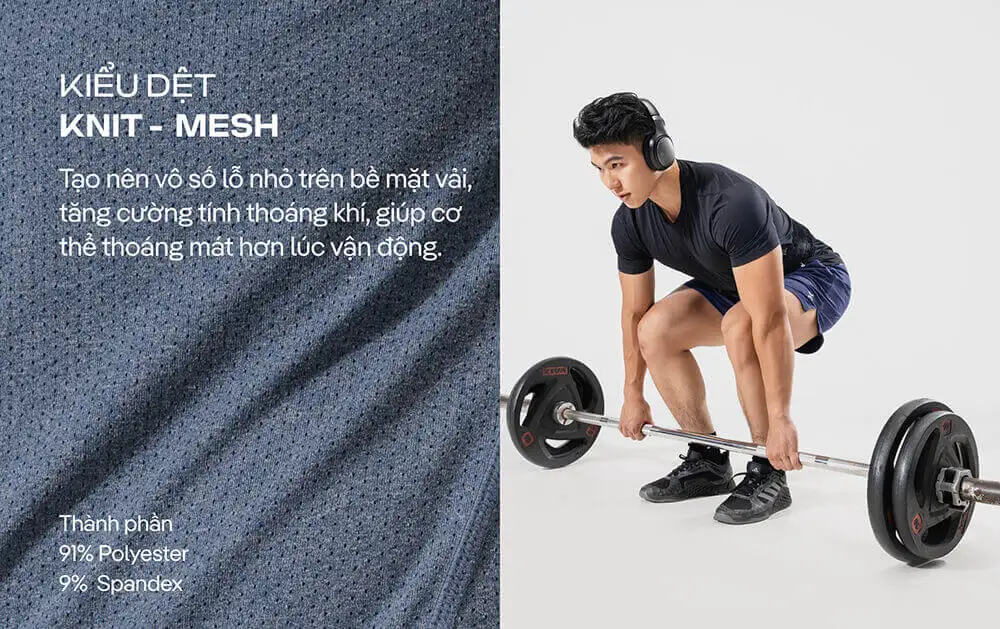 Cận cảnh kiểu dệt Knit-Mesh của áo thun Gym Essentials I với thành phần 91% Polyester và 9% Spandex