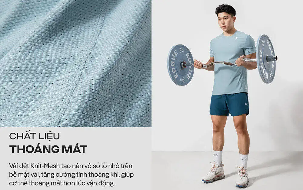 Cận cảnh chất liệu vải Knit-Mesh thoáng mát của áo thun Gym Essentials II