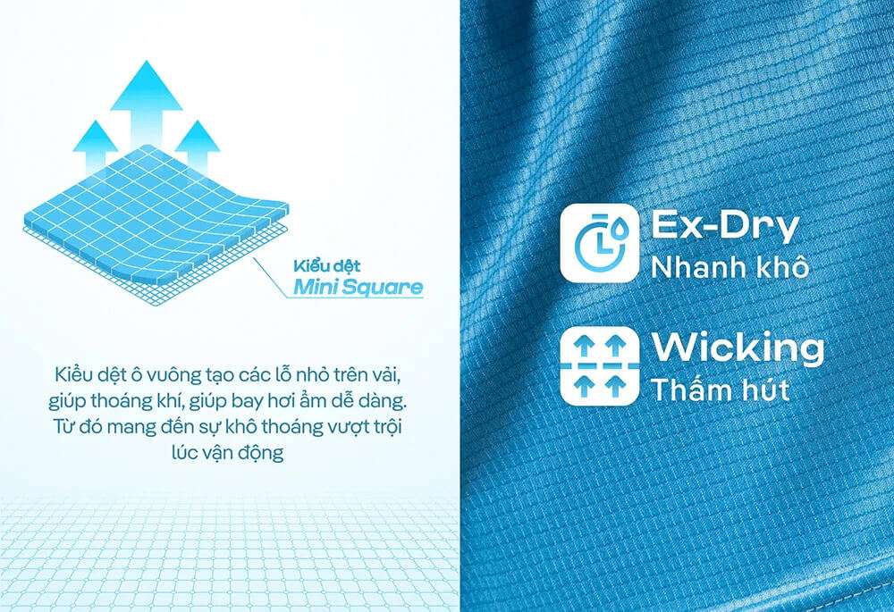 Cấu trúc dệt Mini Square và công nghệ Ex-Dry, Wicking trên vải áo thể thao