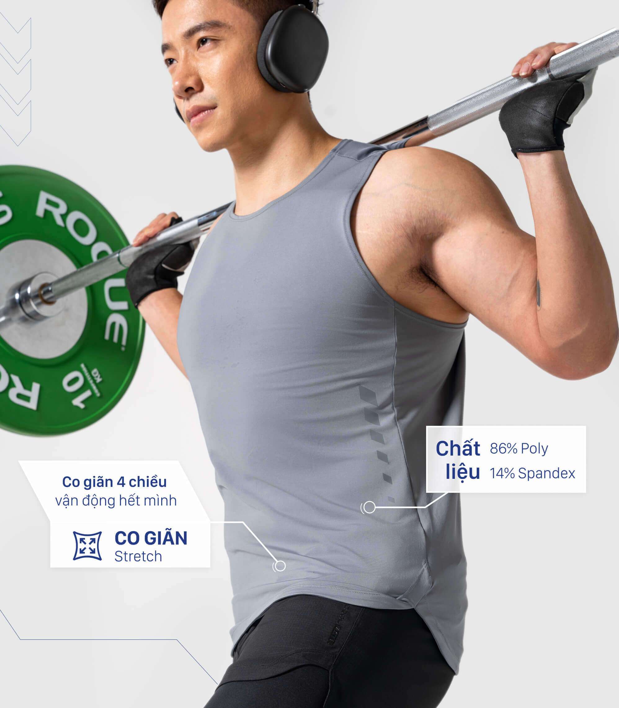 Chất liệu 86% Poly 14% Spandex co giãn 4 chiều của áo tanktop Powerfit
