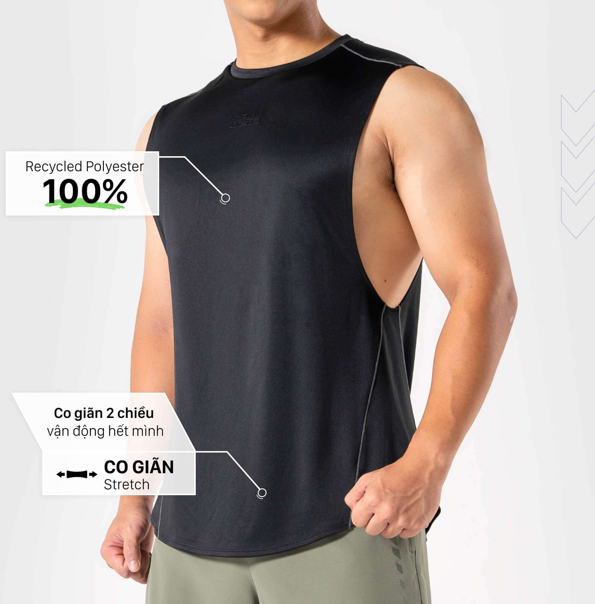 Chất liệu 100% Recycled Polyester co giãn 2 chiều, giúp vận động hết mình