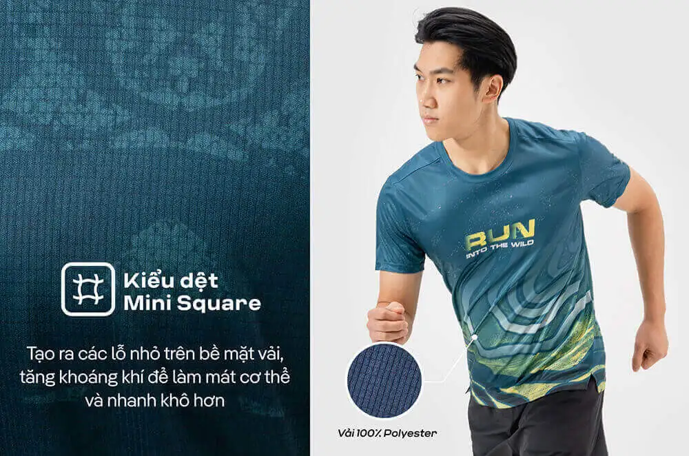Cận cảnh chất liệu vải Polyester với kiểu dệt Mini Square giúp tăng cường thoáng khí