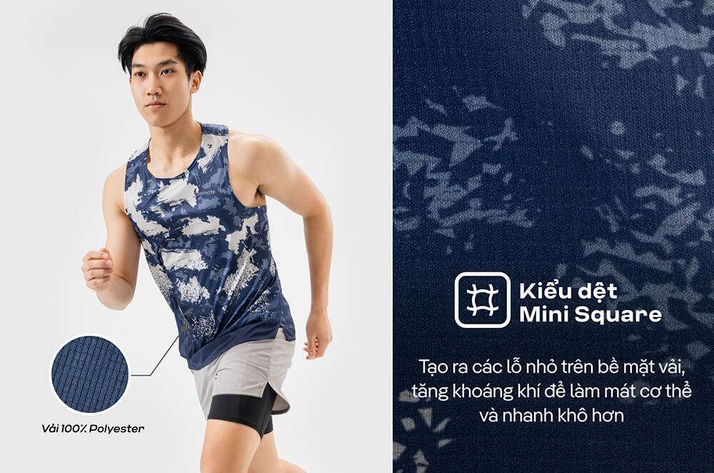 Chi tiết chất liệu 100% Polyester và kiểu dệt Mini Square của áo