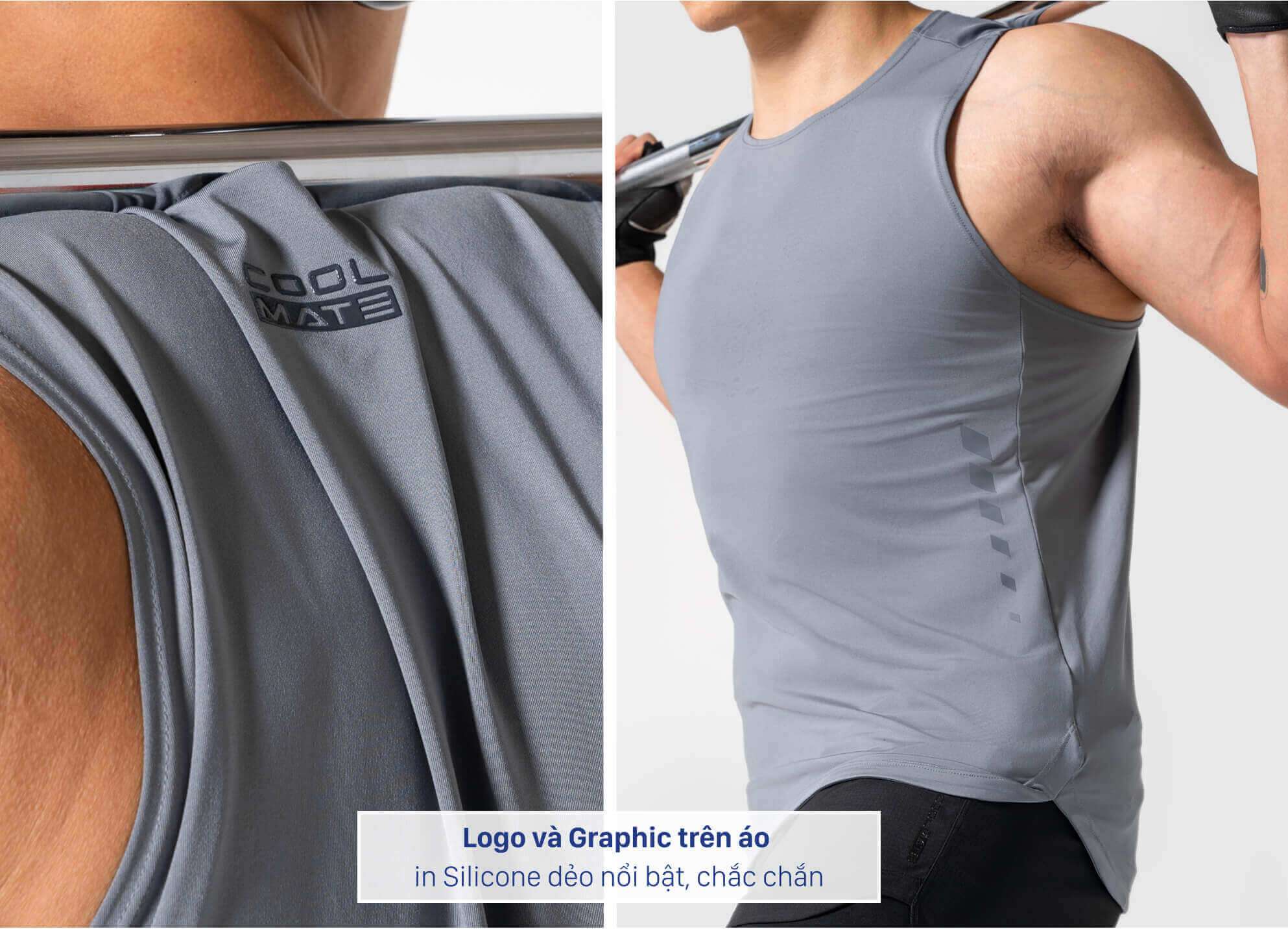 Chi tiết logo và graphic in silicone dẻo nổi trên áo tanktop Powerfit