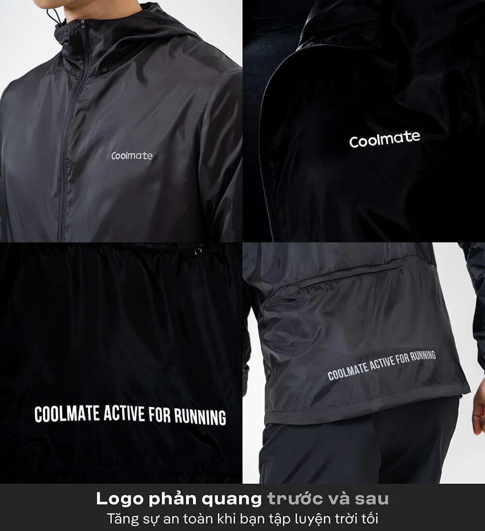 Chi tiết logo phản quang trên áo khoác chạy bộ Coolmate tăng an toàn khi trời tối