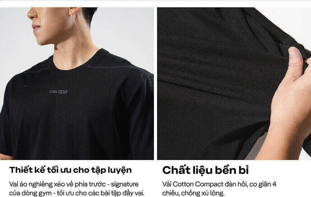 Chi tiết thiết kế vai áo nghiêng xéo và chất liệu Cotton Compact co giãn của áo thun gym Coolmate
