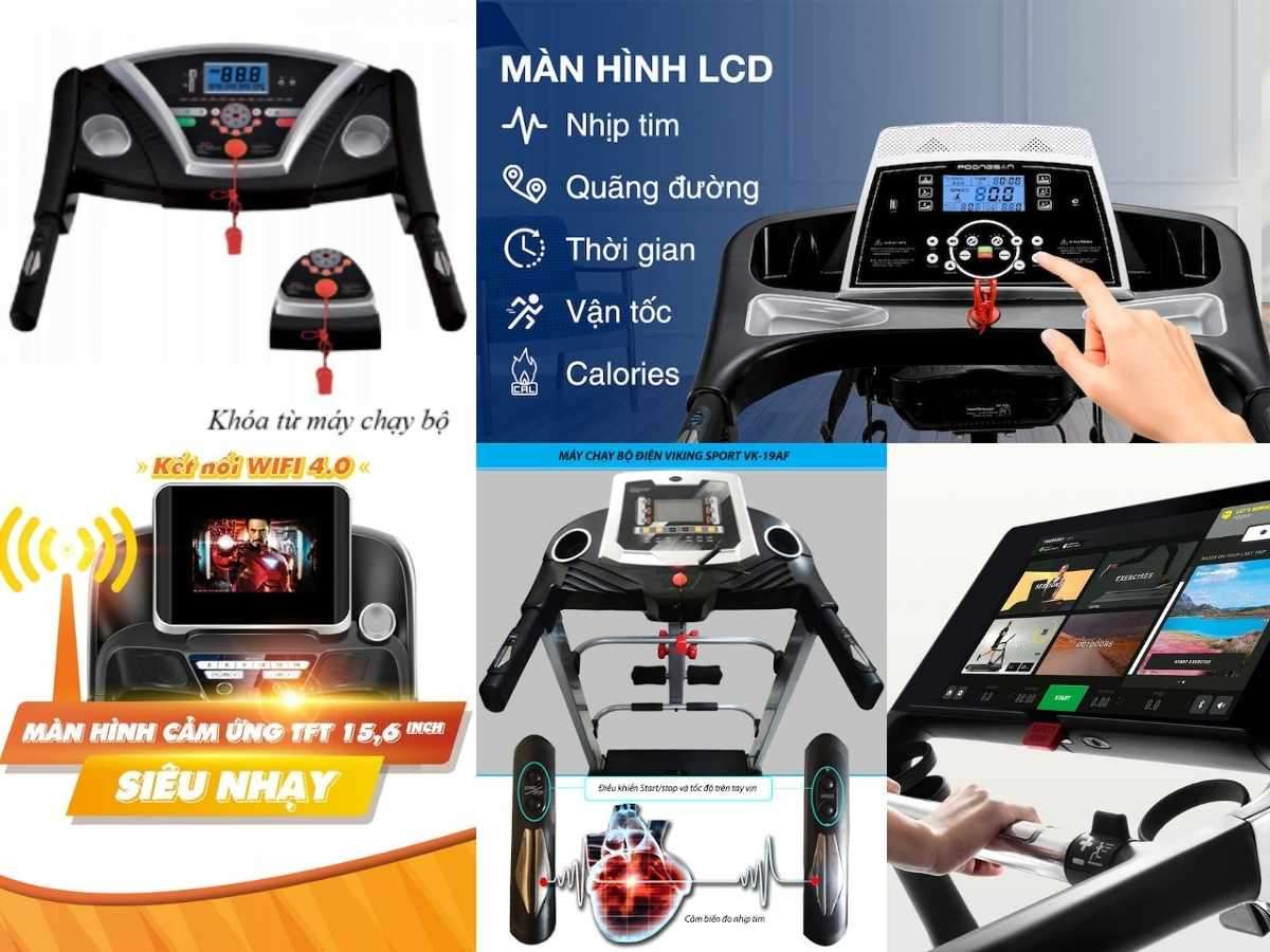 Máy chạy bộ có các tính năng màn hình, đo nhịp tim, khóa an toàn, nghe nhạc, gấp gọn tiện lợi