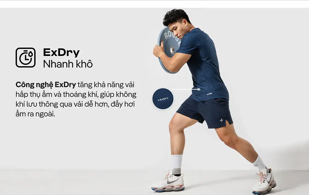 Công nghệ ExDry trên áo thun Gym Essentials II giúp vải nhanh khô và thoáng khí