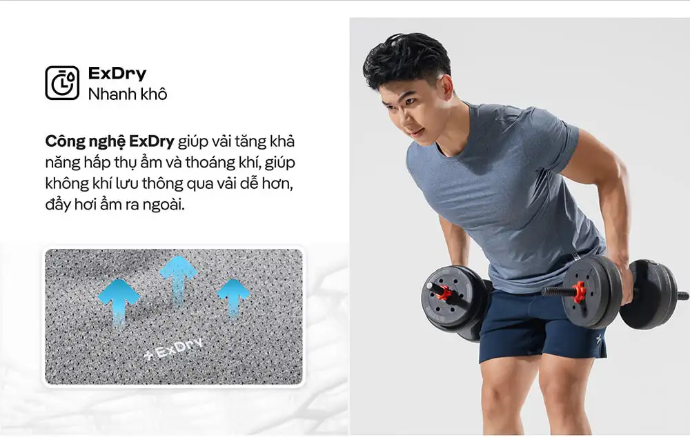 Công nghệ ExDry trên áo thun Gym Essentials giúp vải nhanh khô và thoáng khí
