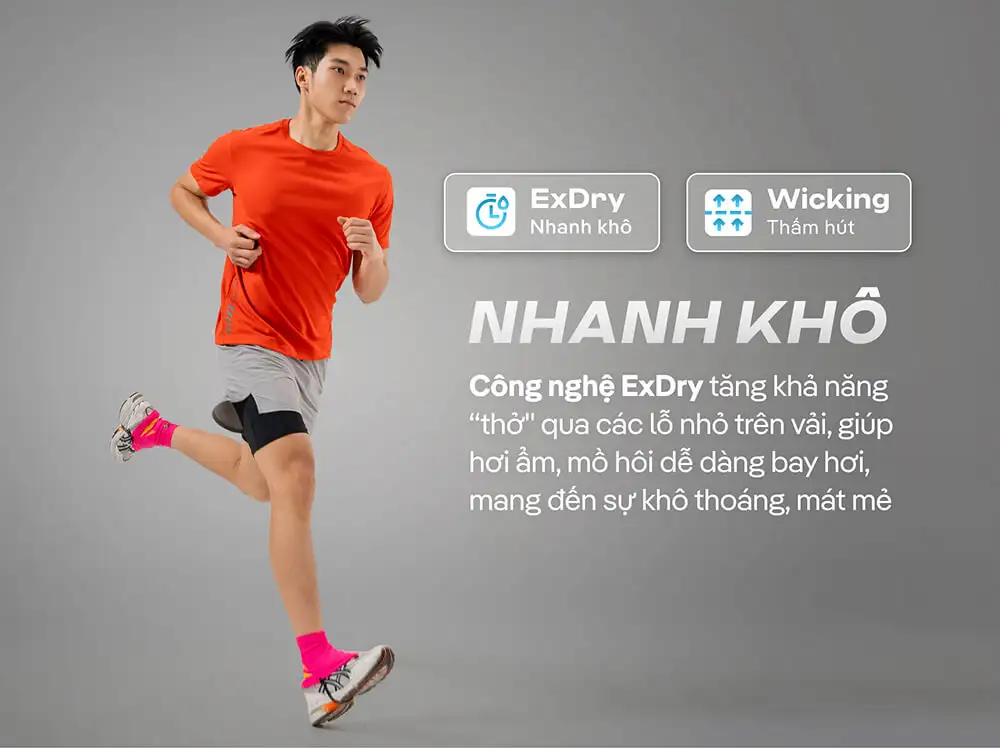 Công nghệ nhanh khô ExDry và thấm hút Wicking trên áo thun chạy bộ Economy II