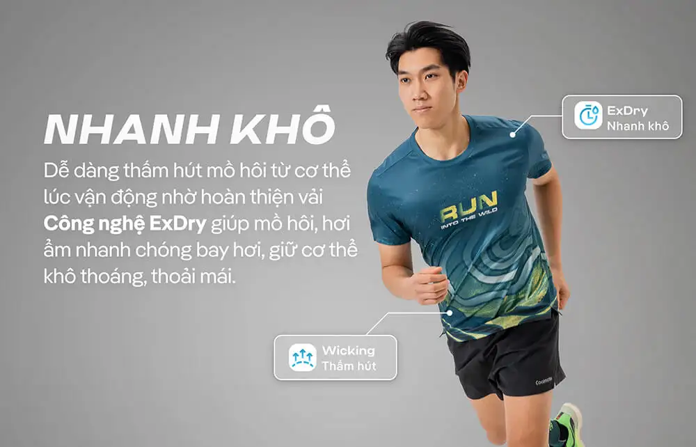 Công nghệ ExDry và Wicking trên áo giúp thấm hút mồ hôi và nhanh khô hiệu quả