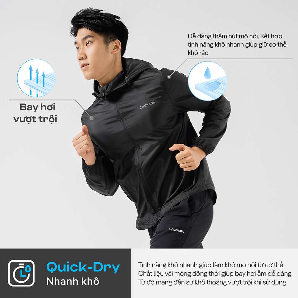 Công nghệ Quick-Dry nhanh khô và thoáng khí của áo khoác chạy bộ