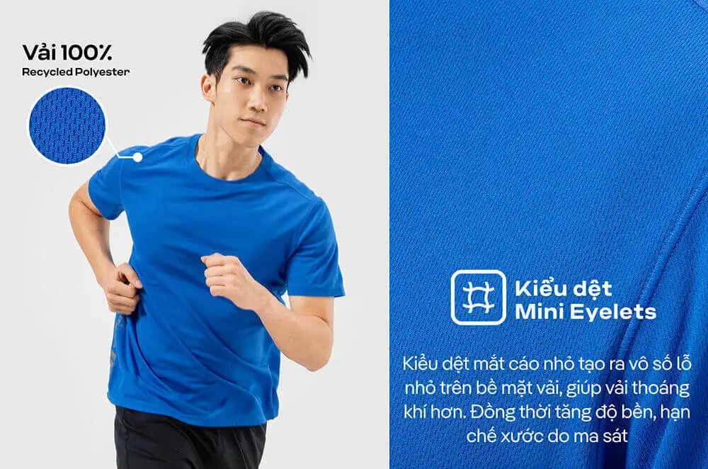 Cận cảnh kiểu dệt Mini Eyelets và chất liệu 100% Recycled Polyester của áo thun chạy bộ Economy II