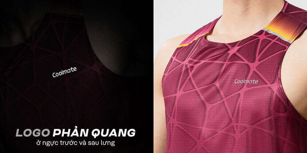Logo Coolmate phản quang ở ngực áo singlet trong điều kiện thiếu sáng