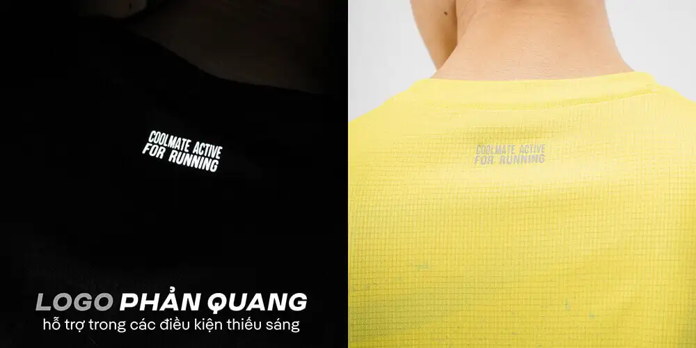 Chi tiết logo phản quang 'Coolmate Active for Running' ở sau lưng, tăng độ an toàn khi chạy trời tối