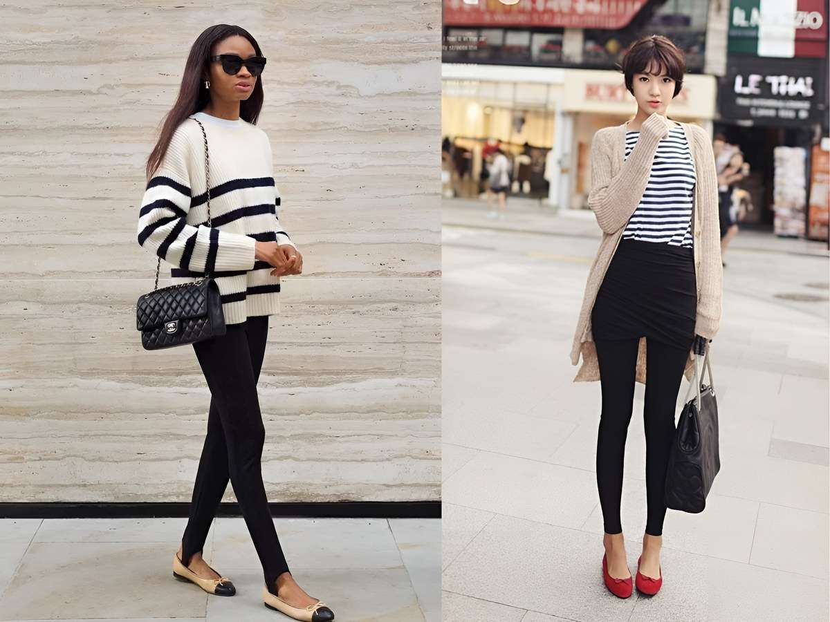 Nếu bạn muốn một vẻ ngoài chỉn chu, thanh lịch nhưng vẫn đảm bảo sự thoải mái, hãy thử kết hợp legging với các loại giày bệt