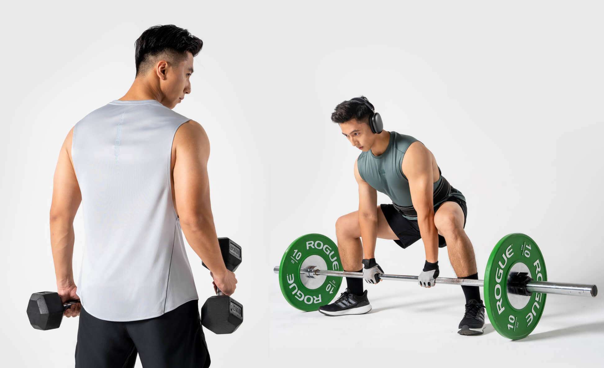 Mẫu nam thực hiện các bài tập tạ với áo Drop Arm Gym Powerfit